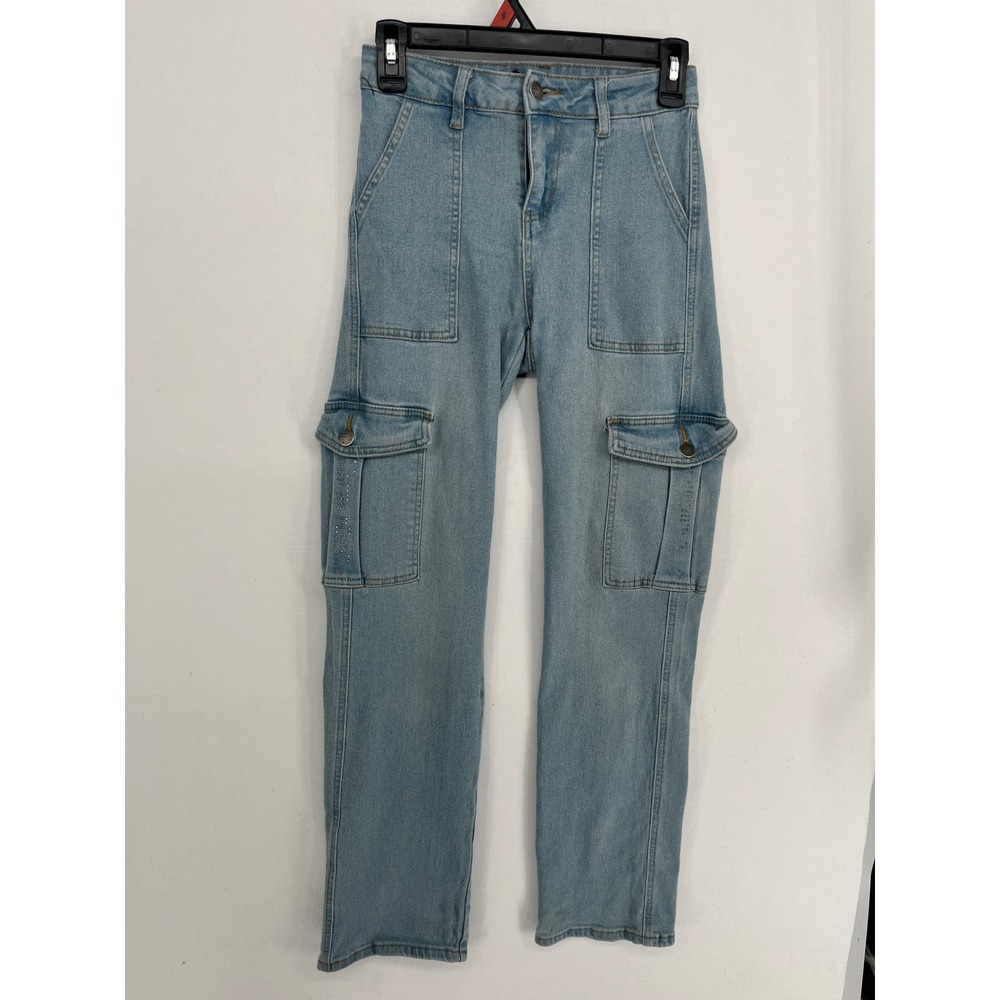Between Us Womens Cargo Jeans Light Wash Straight Leg Utility Denim Size 1